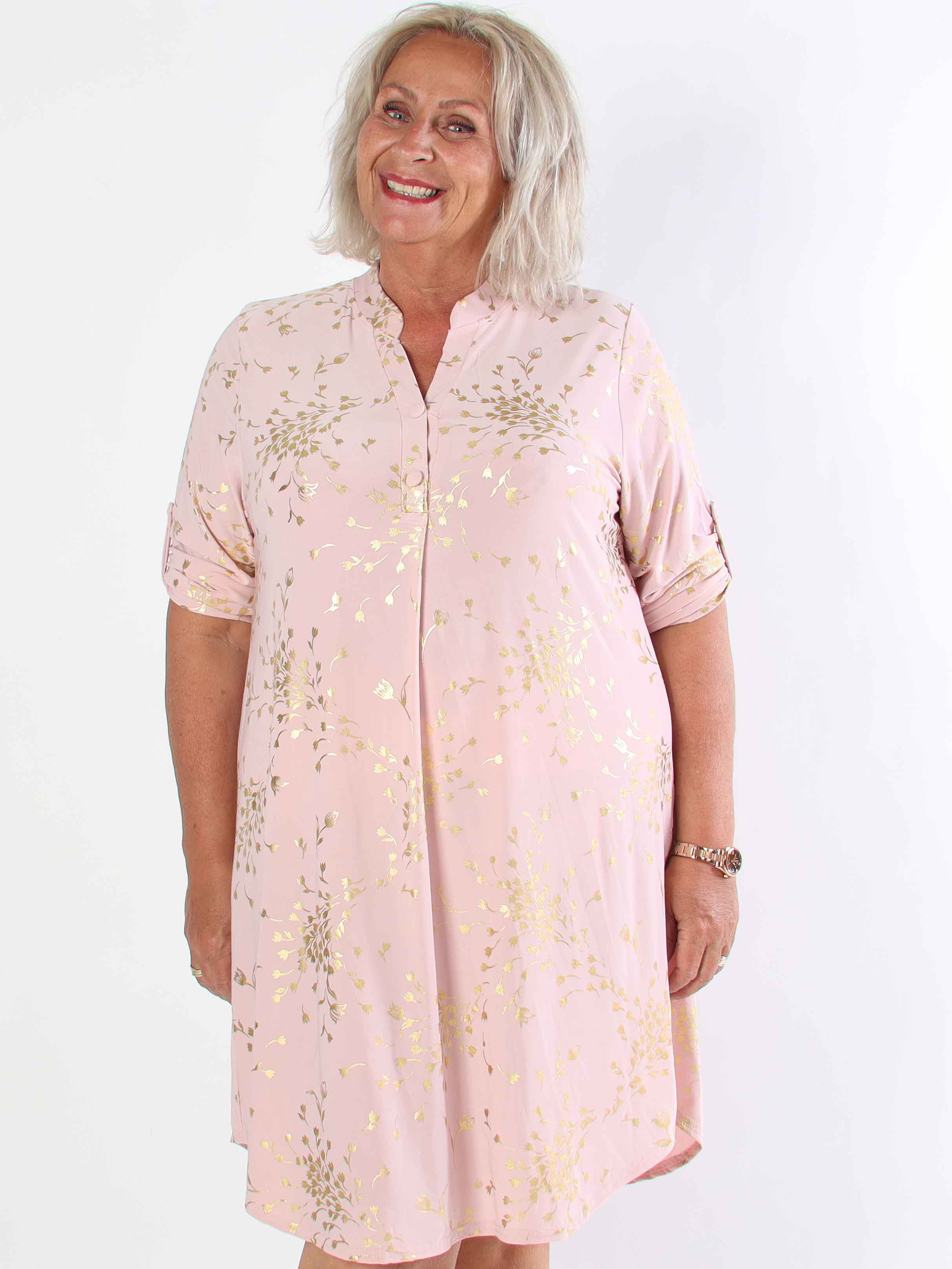 Ebba Gold Leaf Long - Elastisk ensfarvet plus size kjole med guld blomsterprint